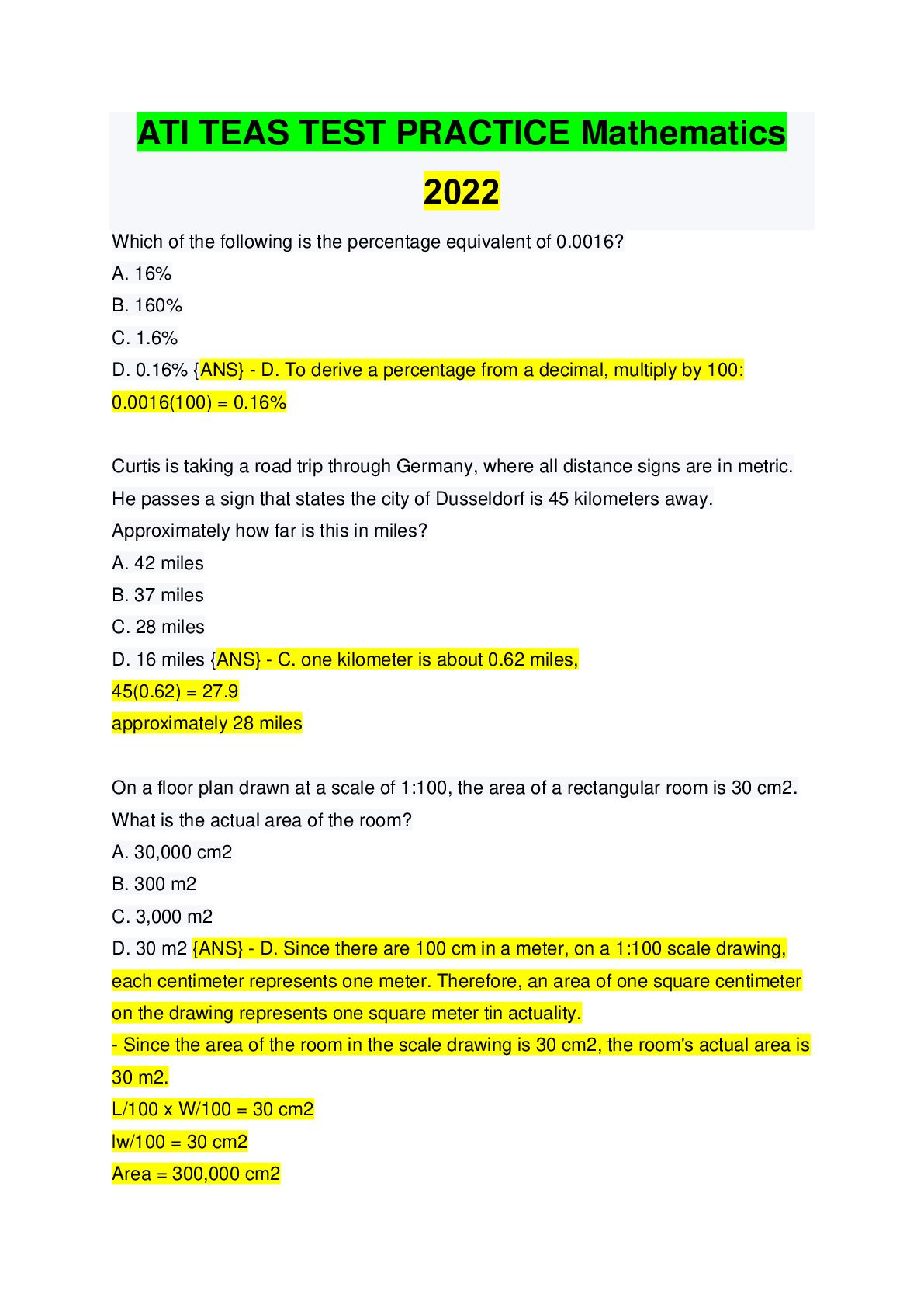 Preview image for ATI TEAS TEST PRACTICE Mathematics 2022